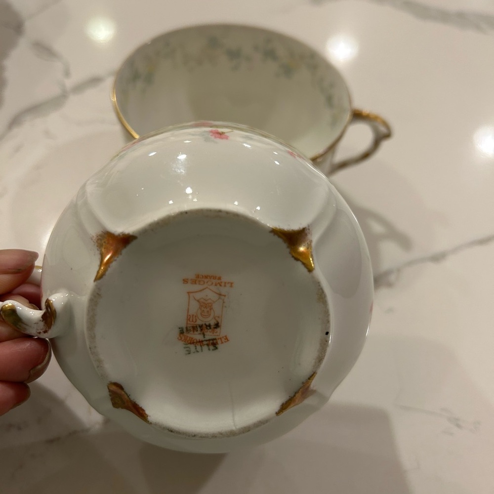 Haviland Limoges Floral Porcelain Tea Cup Pink Blossoms and Gold Trim set of 2 - Picture 4 of 6
